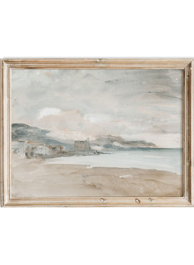 Rustic Vintage French Country Coastal Sea Art Print, Vintage Ocean Beach Oil Painting, Neutral Muted Antique Landscape Wall Art Decor