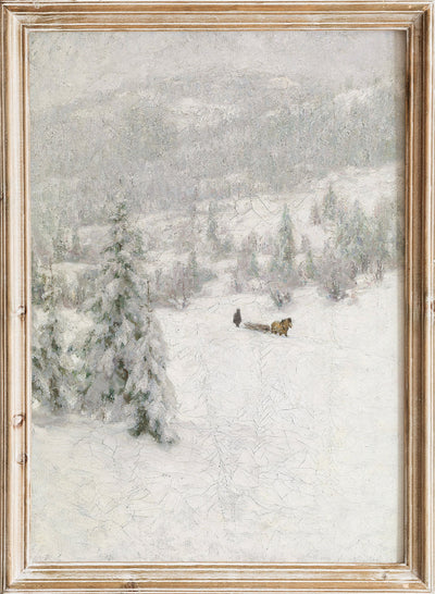 Antique Winter Landscape Poster, Snowy Christmas Farmhouse Wall Art, European Vintage Art Print, Rustic Vintage Muted Oil Painting