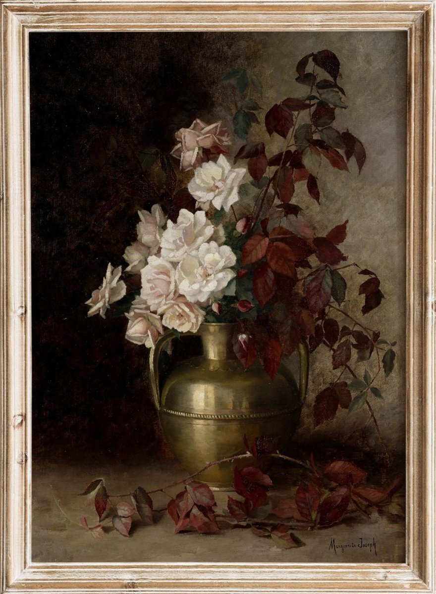 European Vintage Roses Flowers in Brass Vase Still Life Wall Art