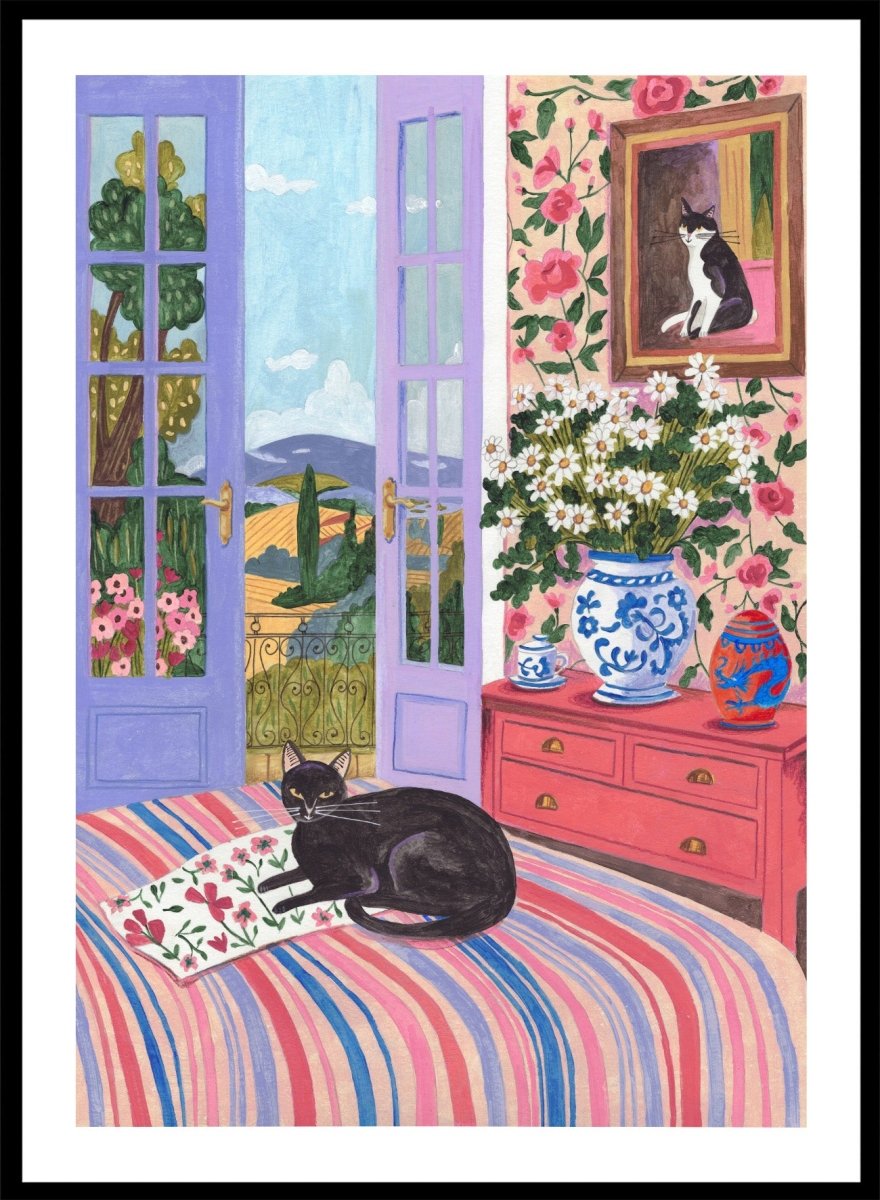 Caroline Bonne Müller - Black Cat on Bed French Doors Garden View