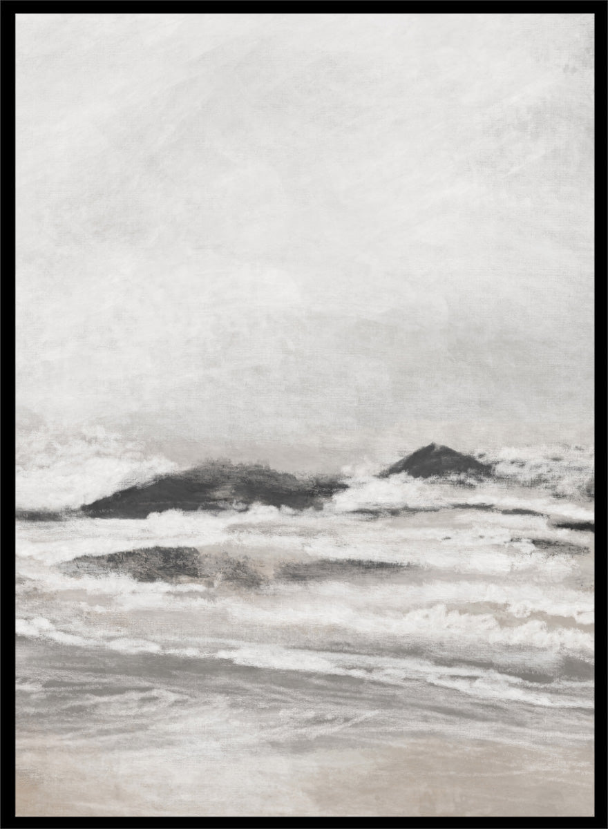 Shop September Coast by Dan Hobday, a set of 2 coastal wall art prints posters featuring rolling waves, dark rocks, misty skies, and soft neutral tones.