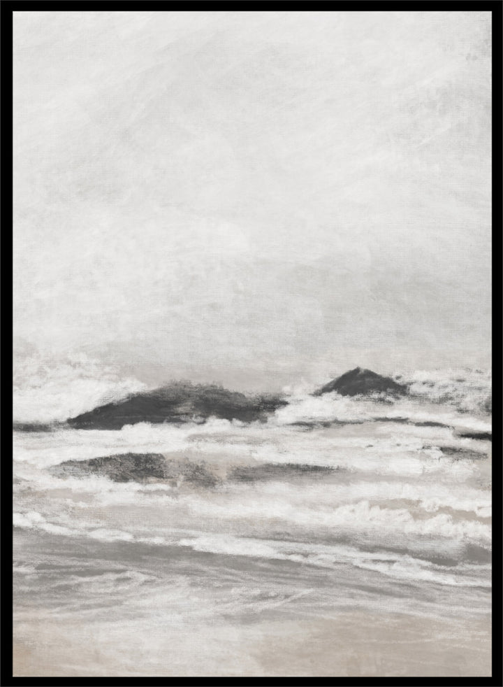 Shop September Coast by Dan Hobday, a set of 2 coastal wall art prints posters featuring rolling waves, dark rocks, misty skies, and soft neutral tones.