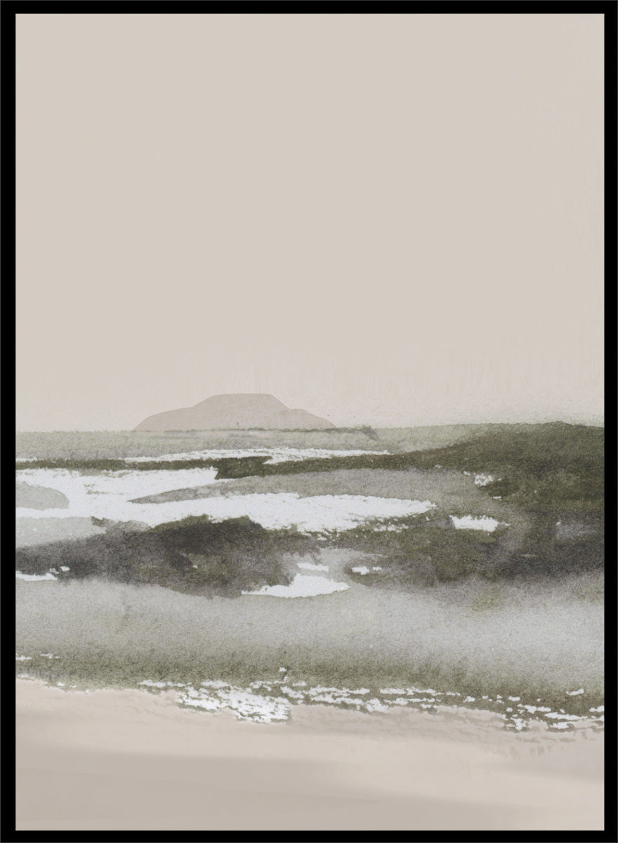 Shop Calm Beach by Dan Hobday, a set of 2 coastal landscape wall art prints posters capturing tidal sandbars, distant islands, and a quiet shoreline.