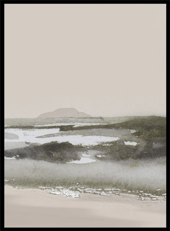 Shop Calm Beach by Dan Hobday, a set of 2 coastal landscape wall art prints posters capturing tidal sandbars, distant islands, and a quiet shoreline.