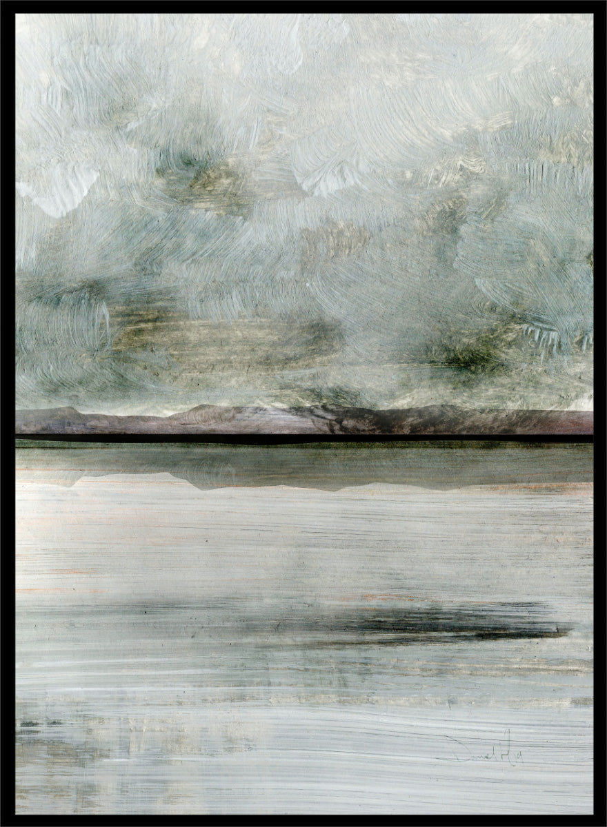 Shop Still Coast by Dan Hobday, a set of 2 coastal landscape wall art prints posters featuring misty water, rocky shoreline, and soft gray and green tones.