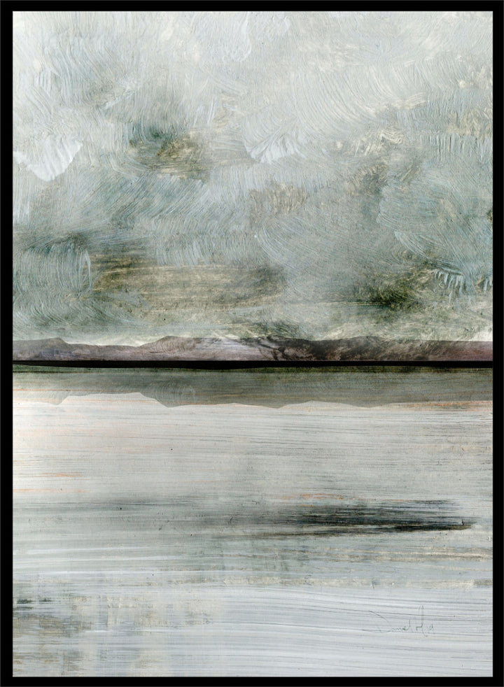Shop Still Coast by Dan Hobday, a set of 2 coastal landscape wall art prints posters featuring misty water, rocky shoreline, and soft gray and green tones.