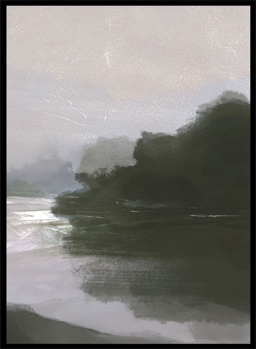 Shop Tranquillitas by Dan Hobday, a set of 2 landscape wall art prints posters featuring misty water, tree-lined banks, distant hills, and deep grey green tones.