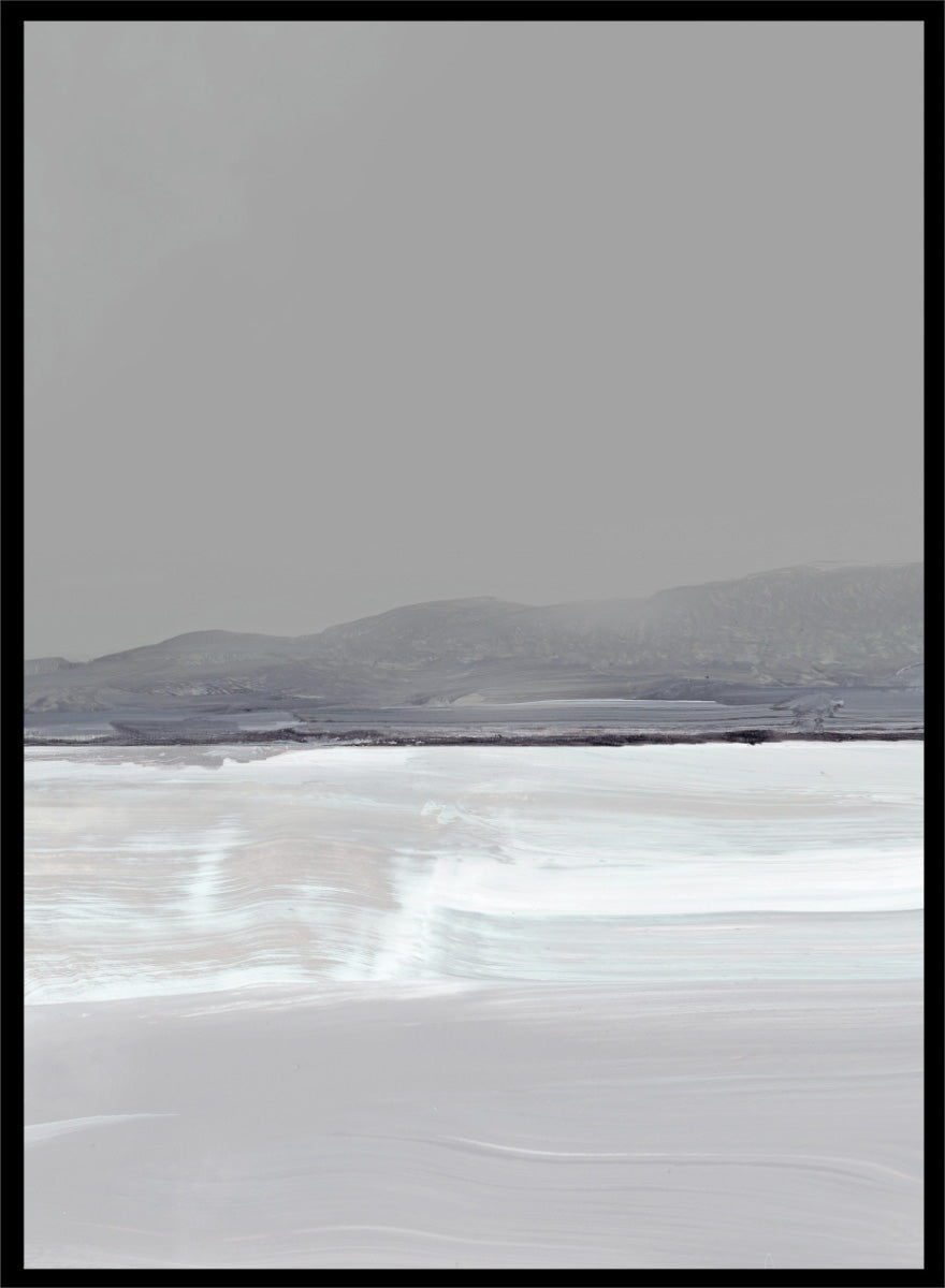Shop Tides by Dan Hobday, a set of 2 coastal landscape wall art prints posters featuring calm water, distant hills, and soft gray-blue tones.