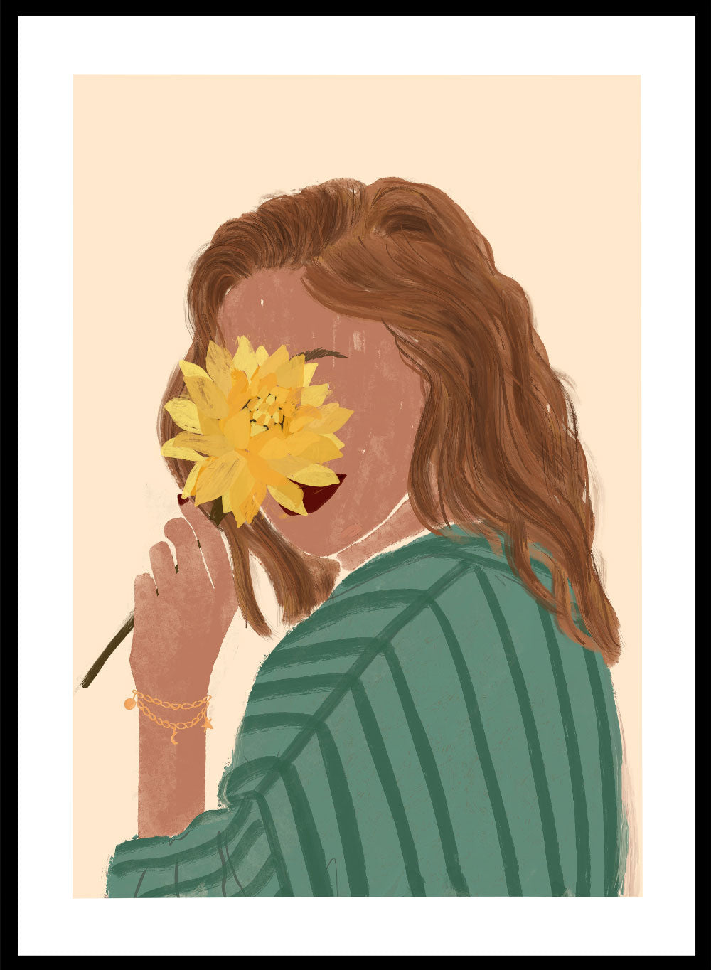 Girl with Yellow Flower Wall Art Print | Hand Drawn Spring Summer Woman Portrait Illustration, Contemporary Modern Aesthetic Poster