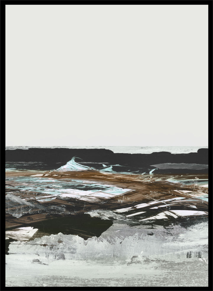 Shop Constantine Bay by Dan Hobday, a set of 2 coastal landscape wall art prints posters featuring windswept shoreline, surf, and muted blue-brown tones.