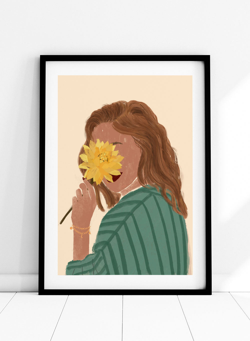 Girl with Yellow Flower Wall Art Print | Hand Drawn Spring Summer Woman Portrait Illustration, Contemporary Modern Aesthetic Poster