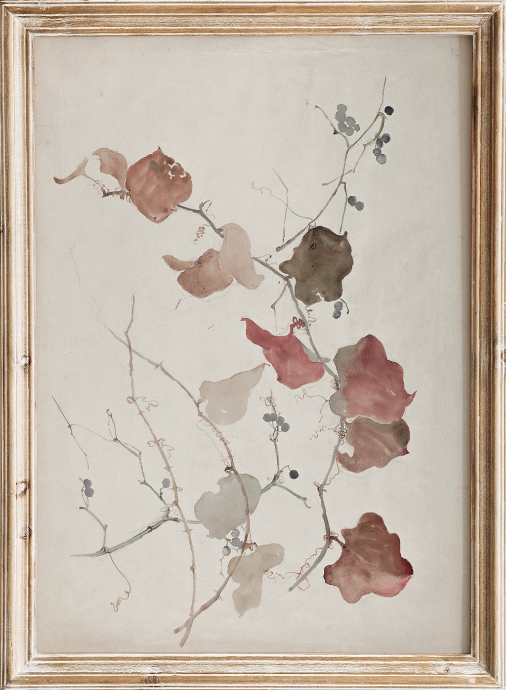 Rustic Vintage Clematis Flowers Blueberries Botanical Wall Art Print, Colorful Floral Drawing Poster, Antique Moody Farmhouse Decor