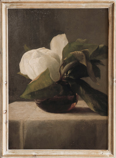 European Vintage Magnolia Flowers in Vase Still Life Wall Art Print, Rustic Dark Oil Painting Antique Moody Floral Farmhouse Poster 