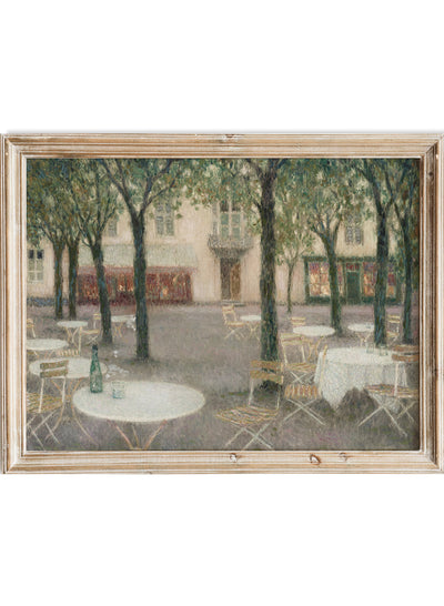 Vintage French Cafe Courtyard Wall Art Print | Antique Outdoor Table Scene, Rustic Town Square Garden Painting, European Street Decor, Henri Le Sidaner - La Place des buveurs d’eau, Aix-les-Bains (1937)