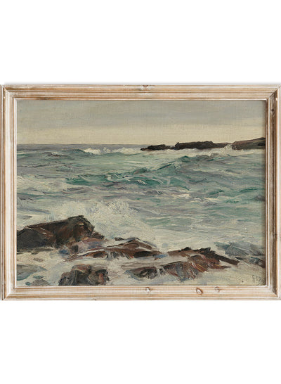 Vintage European Rustic Coastal Ocean Waves Muted Beach Oil Painting, Landscape Seascape Poster, Mute Antique Moody Farmhouse Print, Howard Russell Butler Heavy Swells