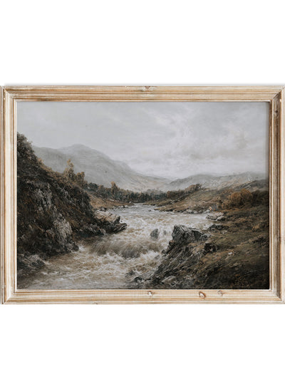 Rustic Vintage European Country Waterfall Oil Painting Wall Art Print, Neutral Autumn Lake Landscape Poster, Antique Moody Farmhouse, Alfred de Bréanski sr Falls of the Tay