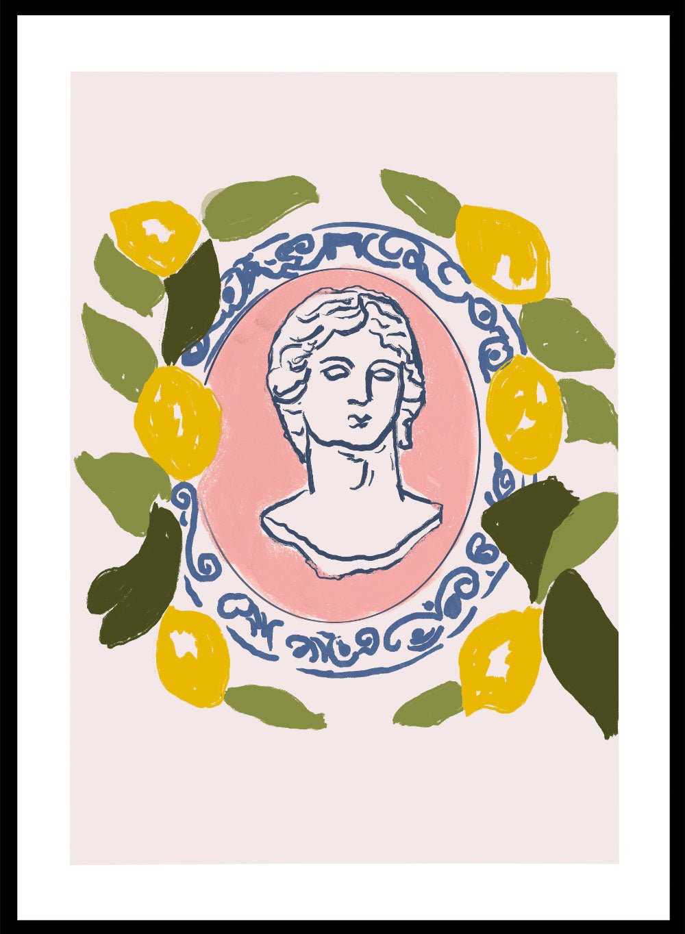Lemon Wreath Greek Bust Aesthetic Wall Art Print | Contemporary Hand Drawn Illustration, Pink Green Kitchen Spring Summer Poster