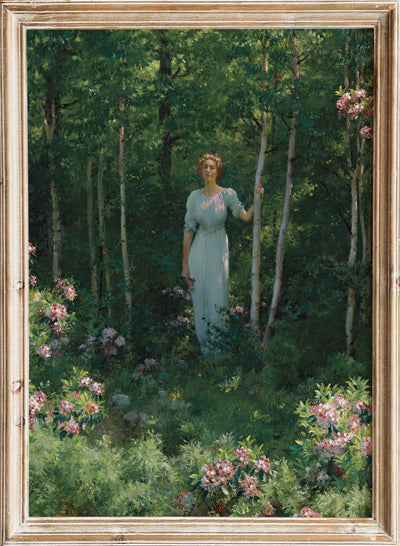 Vintage Woman Forest Wall Art Print | Antique Floral Girl Portrait Poster, Botanical Woodland Scene, Rustic Moody Cottagecore Garden, Charles Courtney Curran - The Edge Of The Woods (1912)
