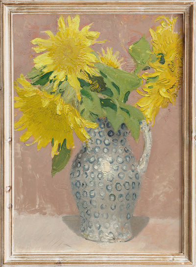 European Vintage Yellow Sunflowers in Vase Still Life Wall Art Print, Rustic Antique Oil Painting, Moody Neutral Farmhouse Poster, William Nicholson - Sunflowers