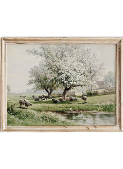 Vintage European Spring Flower Garden Sheeps Lambs Animals Neutral Painting Wall Art Print, Rustic Farmhouse Antique Nature Poster, Pastoral Landscape Carl Weber