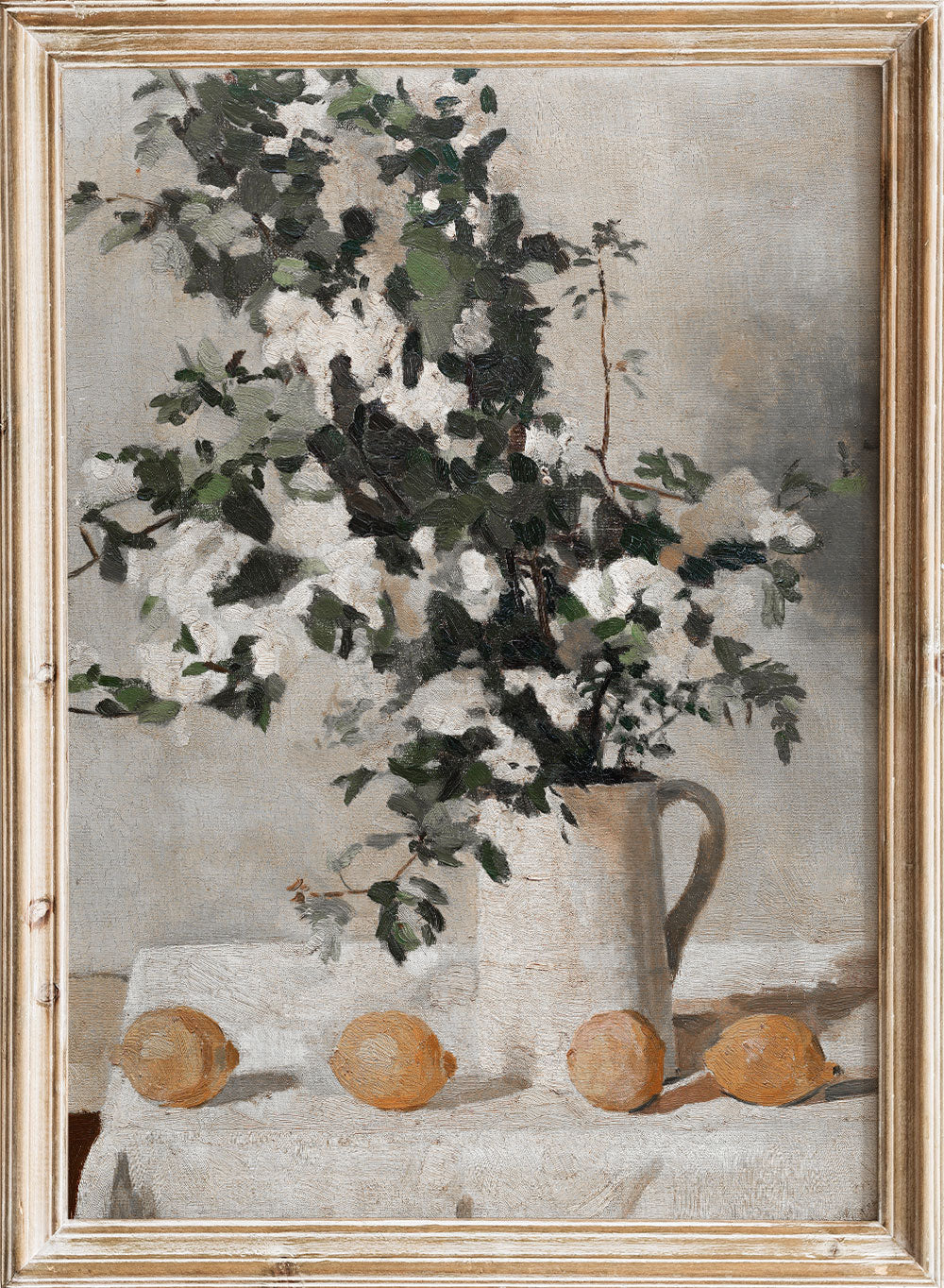 European Vintage Flowers Vase Lemons Still Life Art Print, Rustic Moody Oil Painting, Neutral Poster, Antique Country Farmhouse Kitchen, Flowers and Lemons Albéric Coppieters