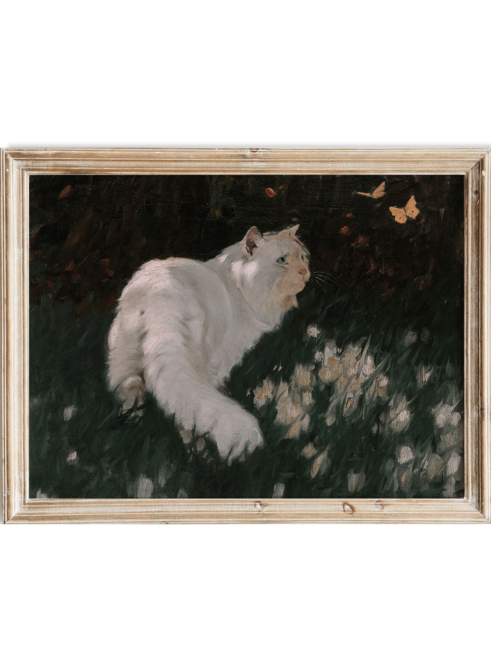 European Vintage Cat and Butterflies Animal Portrait Neutral Painting Wall Art Print, Rustic Nursery Farmhouse Antique Nature Poster, Arthur Heyer - White Cat and Butterflies