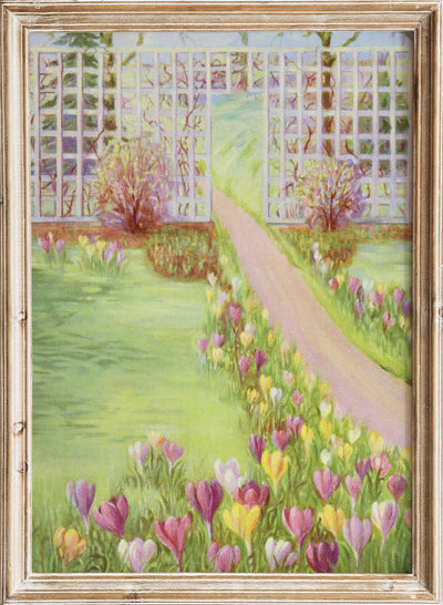 Vintage Spring Garden Wall Art Print, Antique Crocus Flower Path Poster, Rustic Floral Landscape Illustration Colorful Botanical Decor, Lafayette F. Cargill  - Crocus (1937)