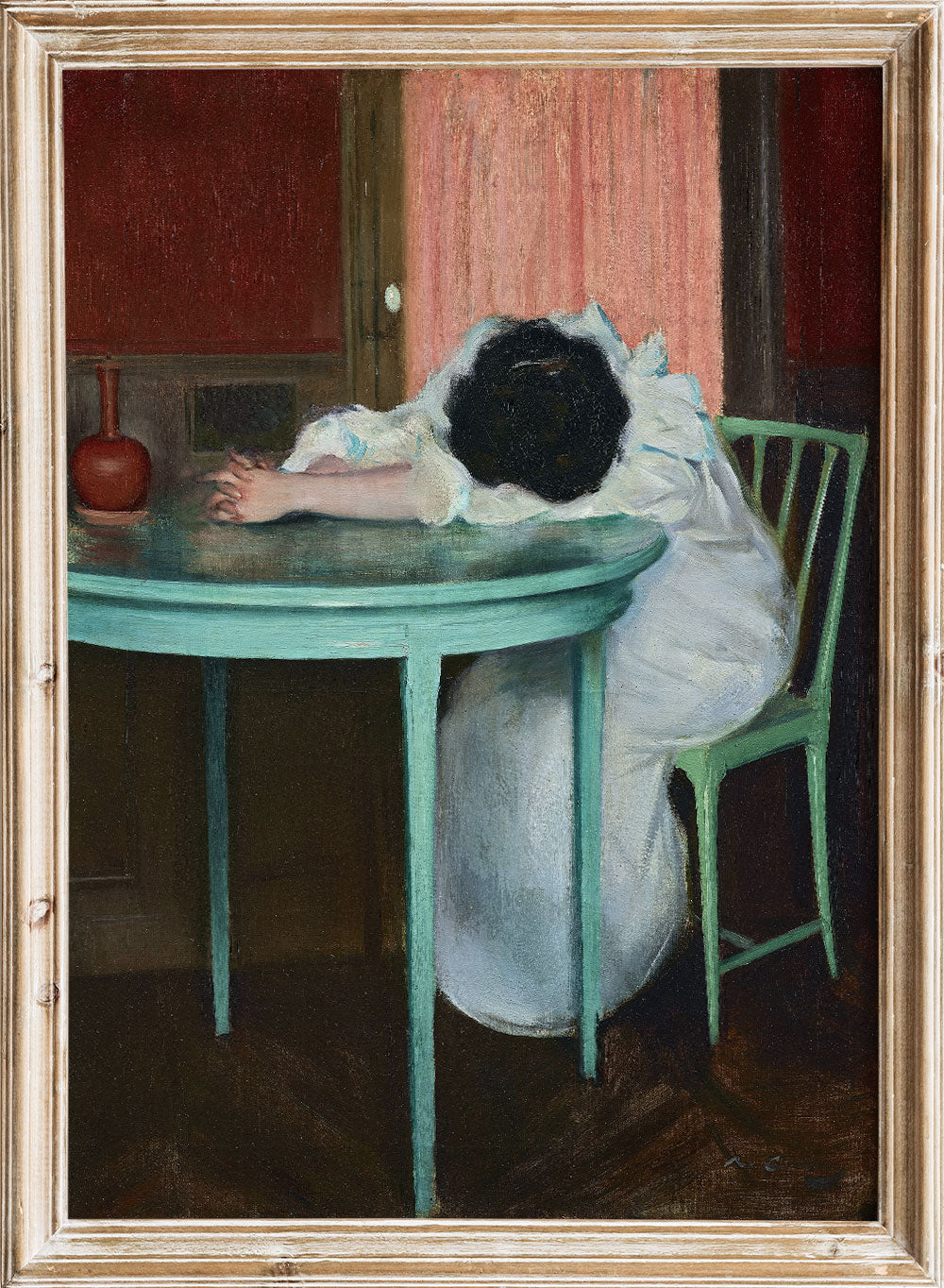 Tired Ramon Casas Oil Painting Wall Art Print, Vintage European French Rustic Sleeping Woman Girl Portrait Poster Moody Farmhouse