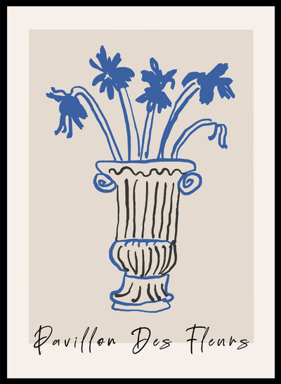Blue Flowers in Vase Line Drawing Wall Art Print | Hand Drawn Spring Summer Floral Illustration, Contemporary Modern Aesthetic Poster