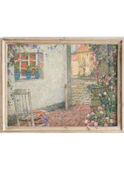 Vintage Garden Doorway Wall Art Print | Antique French Floral Poster, Courtyard Farmhouse Painting, Rustic Cottagecore Flower Garden, Henri Le Sidaner - Le seuil fleuri (1934)