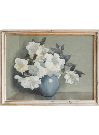 European Vintage White Flowers in Blue Vase Still Life Wall Art Print, Rustic Antique Oil Painting, Moody Neutral Farmhouse Poster, Dorothy Richmond White Rhododendrons