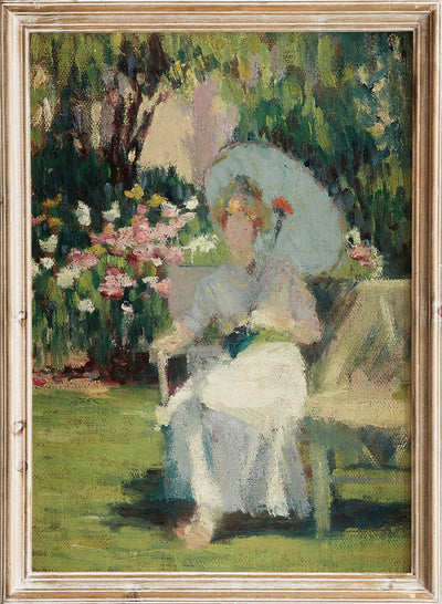 Vintage Girl in Dress Sitting in Spring Flower Garden Portrait Painting Wall Art Print, Colorful Moody Farmhouse Rustic Woman Poster, Hugh Henry Breckenridge-Portrait of Alice L. Riddle Kindler in the Phlox Garden 