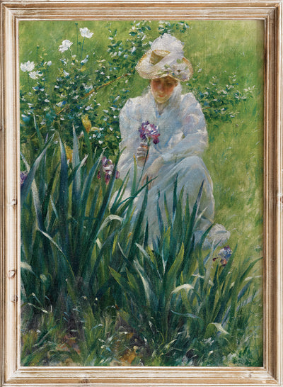 Vintage Woman Garden Wall Art Print | Antique Floral Portrait Poster, Botanical Iris Painting, Rustic Cottagecore Girl Moody Farmhouse, Charles Courtney Curran - The Iris Bed (1891)