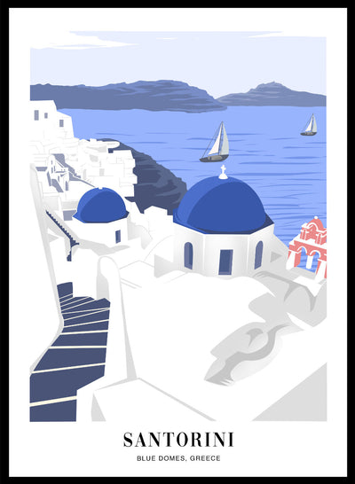 Santorini Blue Domes by Aegean Sea Greece Colorful Boho Art Print | Abstract Cityscape Illustration, Architecture Print, Travel Poster 