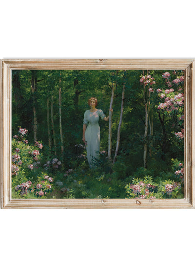 Vintage Woman Forest Wall Art Print | Antique Floral Girl Portrait Poster, Botanical Woodland Scene, Rustic Moody Cottagecore Garden, Charles Courtney Curran - The Edge Of The Woods (1912)