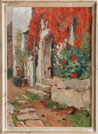 Vintage Rustic Courtyard Wall Art Print | Vintage European Garden Poster, Red Vine Villa Painting, Mediterranean Stone House Decor, Franz Gruber-Gleichenberg - Haus mit wildem Wein