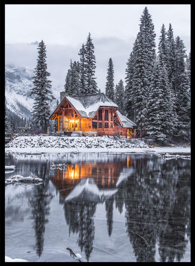 Christmas Print Winter Cabin Cottage By Lake Art Print | Snow Covered Forest, Winter Photography, Christmas Wall Art, Farmhouse Print