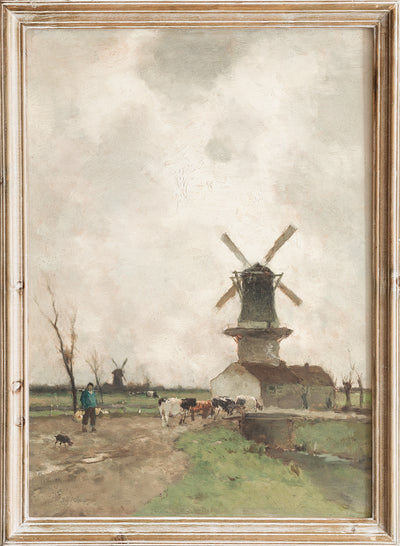Vintage Dutch Windmill Animals Wall Art Print, Rustic Antique Landscape Painting, Moody European Farmhouse Poster, Neutral Country, Weissenbruch Jan Hendrik - De Molen-