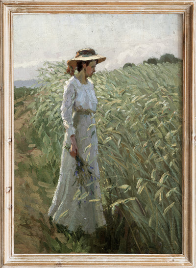 Vintage Girl in Wheat Field Wall Art Print | Antique Portrait Landscape Poster, Countryside Field Painting, Rustic Summer Nature Decor , Bernhard Klinckerfuß-Mädchen am Kornfeld 