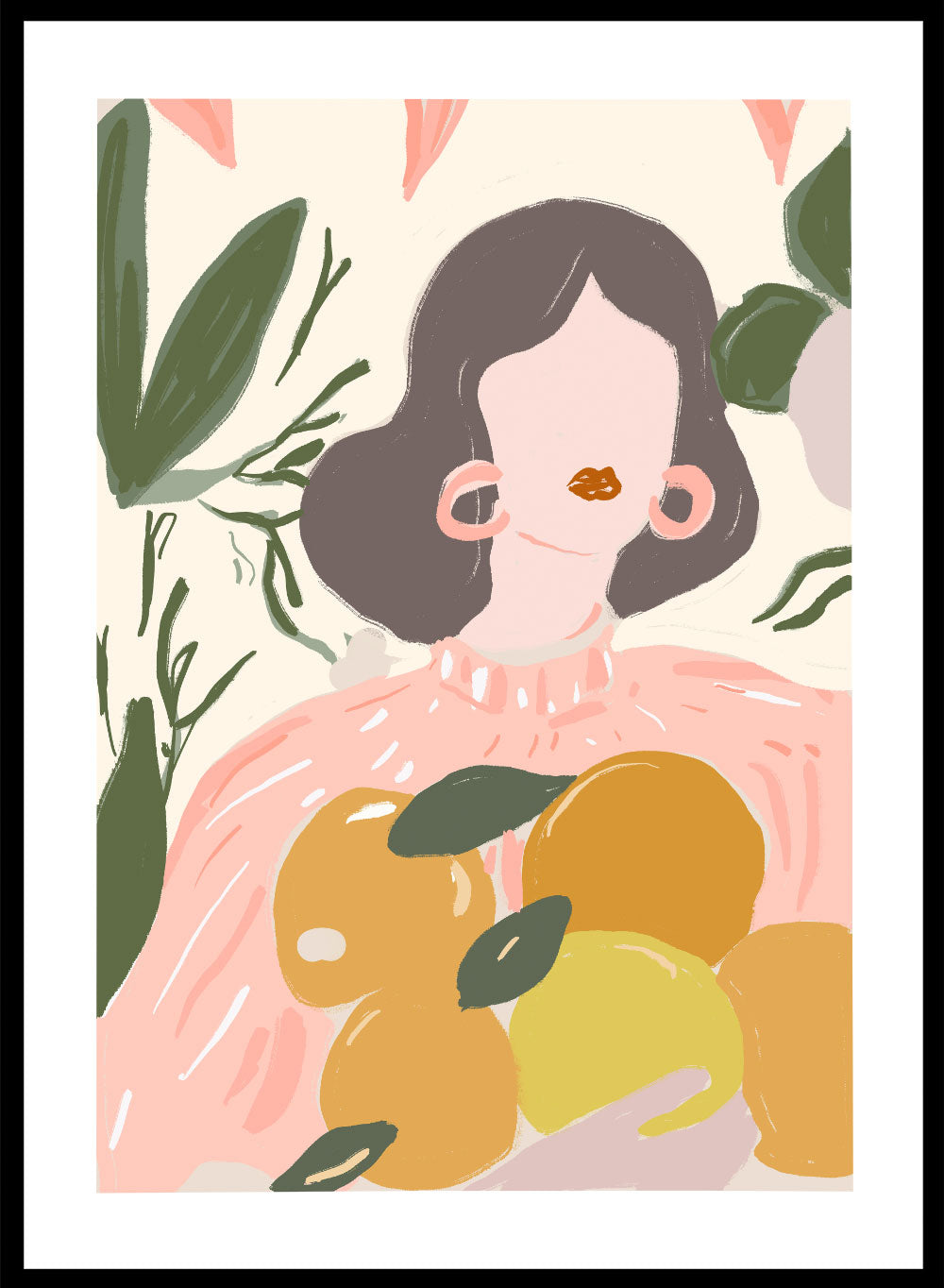 Citrus Woman Aesthetic Wall Art Print | Contemporary Hand Drawn Illustration, Orange Fruit Portrait Pink Modern Spring Summer Poster