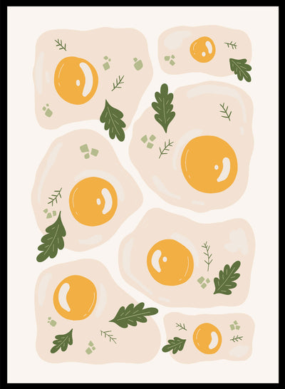 Add a splash of charm to your space with this playful "Sunny Side Up" Kitchen Illustration Art Print, featuring a whimsical scatter of sunny side up eggs and sprigs of fresh salad greens. Set against a soft neutral backdrop, the yellow and green color palette brings a lively, appetizing charm that’s both modern and fun-long. Perfect for kitchens, breakfast nooks, or anywhere that could use a splash of sunny, feel-good energy.
