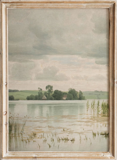 Rustic Vintage European Countryside Lake Landscape Painting Art Print, Neutral Spring River Cottage Poster, Antique Moody Farmhouse, Vilhelm Groth Esrom sø (1879)