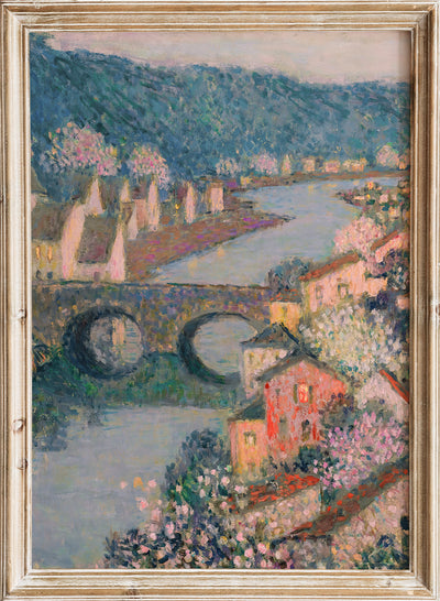 Vintage River Village Wall Art Print | Antique French Landscape Poster, Pastel Flowers Nature Painting, Pink Spring Countryside Decor, Henri Le Sidaner - Les Maisons Sur La Rivière 