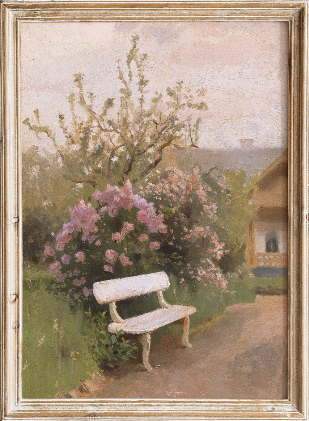 Vintage Bench Spring Flower Garden Landscape Painting Wall Art Print, Colorful Rustic Floral Botanical Poster, Antique Moody Farmhouse