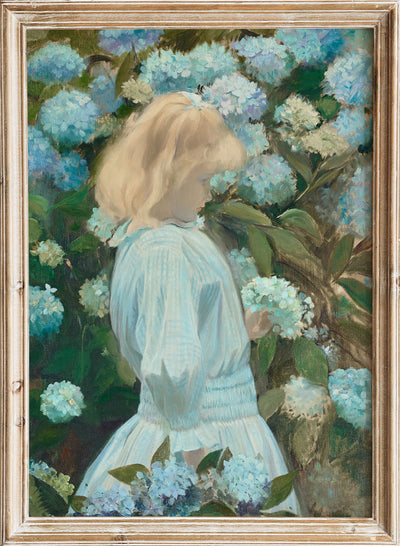 Vintage Girl with Flowers Garden Wall Art Print | Antique Hydrangea Portrait Poster, French Botanical Painting, Farmhouse Floral Decor, Jacques-Émile Blanche - La petite fille