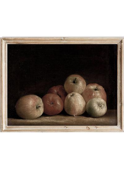 European Vintage Apples Still Life Wall Art Print, Rustic Dark Moody Oil Painting, Fruits Poster, Antique Country Farmhouse Kitchen, Continental School, Still Life of Apples