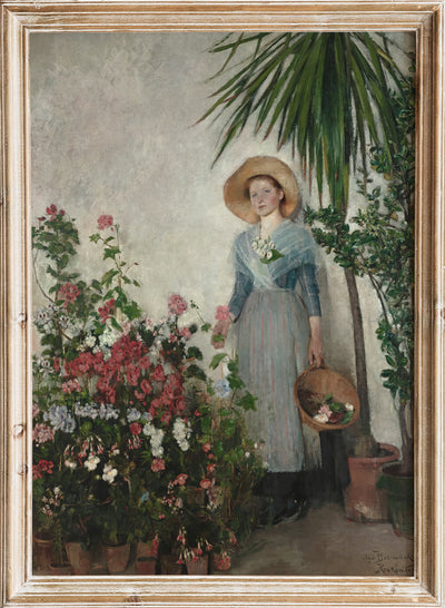 Vintage Girl in Blue Dress Wall Art Print, Rustic Antique Garden Portrait Painting, Moody Floral Farmhouse Artwork, Dark Neutral Decor, Olga Boznanska - In the orangery (1890)