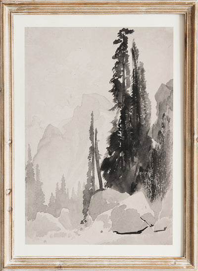 Vintage Mountain Landscape Wall Art Print, Antique Yosemite Painting Poster, Rustic Black and White Nature Art, Moody Cabin Decor, Thomas Moran - Drawing, Half Dome, Yosemite