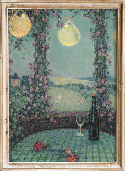 Vintage Garden Table Wall Art Print | Antique French Landscape Poster, Rustic Floral with Wine, Cottagecore Country Botanical Decor, Henri Le Sidaner - La Gloriette, Gerberoy 
