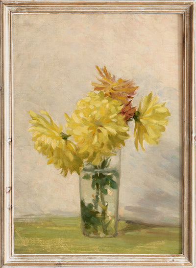 Vintage Bouquet of Yellow Flowers in Vase Still Life Wall Art Print, Colorful Rustic Floral Painting Antique Moody Farmhouse Poster